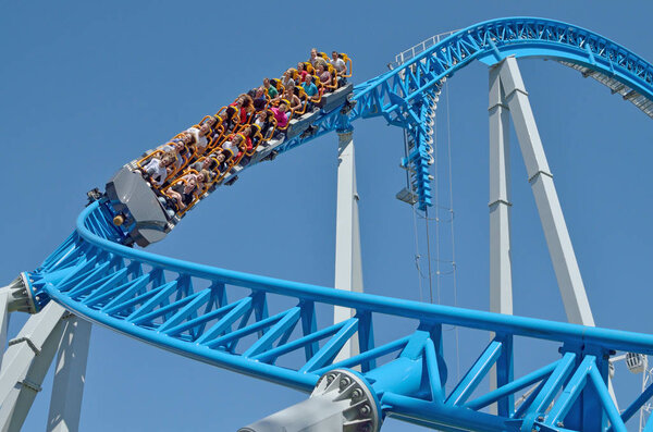 Saint-Petersburg.Russia. may. 20.2018. Kresovsky island.Divo island Park.A popular attraction is the Russian roller coaster.It is a railway system of special design.Passengers traveling in railcar at high speed.