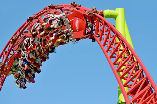 Saint-Petersburg.Russia. July.08.2018. Kresovsky island.Divo island Park.A popular attraction is the Russian roller coaster.It is a railway system of special design.Passengers traveling in railcar at high speed.