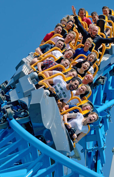Saint-Petersburg.Russia. July.12.2018. Kresovsky island.Divo island Park.A popular attraction is the Russian roller coaster.It is a railway system of special design.Passengers traveling in railcar at high speed.