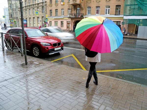 Lány Bujkál Esőtől Alatt Egy Esernyő Vár Buszmegállóban — Stock Fotó