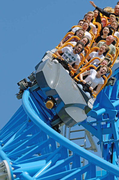 Saint-Petersburg.Russia. July.12.2018. Kresovsky island.Divo island Park.A popular attraction is the Russian roller coaster.It is a railway system of special design.Passengers traveling in railcar at high speed.