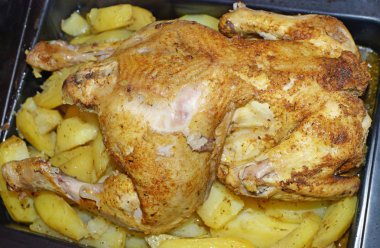 Tavuk fırında patates. Çanak fırın gaz sobası hazırlanır. Et protein zengin.