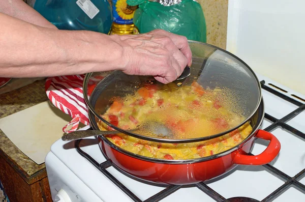 Anfitriona Pone Las Verduras Una Estufa Gas Resultó Plato Alto — Foto de Stock