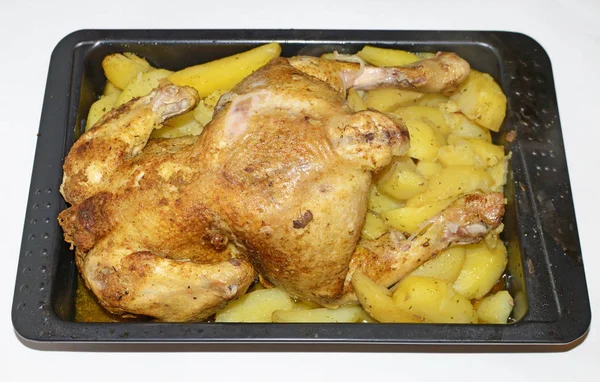 Baked potatoes with chicken.The dish is prepared in the oven gas stove.Meat is rich in protein.
