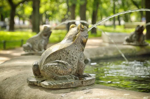 Der Brunnen Befindet Sich Stadtpark Und Ist Mit Frosch Statuen — Stockfoto