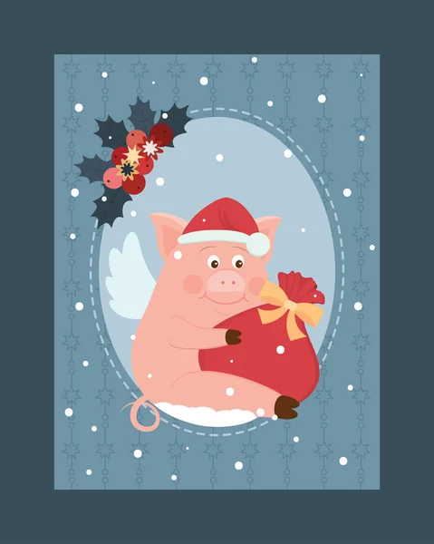 Vector Card Template Illustration Small Funny Piggy New Year Holidays — Stock Vector