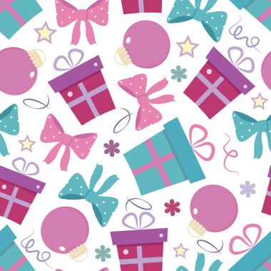 Vektör yeni yıl seamless modeli ile hediye, kurdeleler, Noel ağacı oyuncaklar, koyu mavi bir arka plan üzerinde yıldız. Parmak izi ve Tekstil Ambalaj için kullanılır