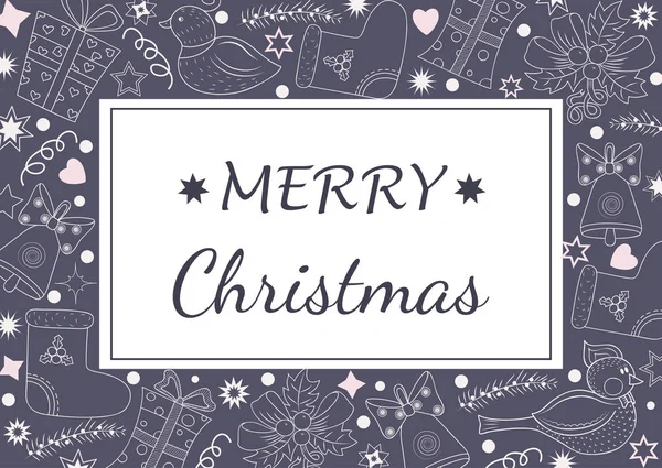 Noel tebrik kartı şablonu. Vektör Merry Christmas öğeleri, hediyeler, kurdeleler. Kış tatili tasarım düz