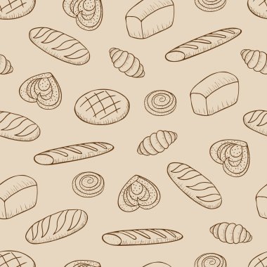 Vector hand drawn seamless pattern with different kind of bread clipart