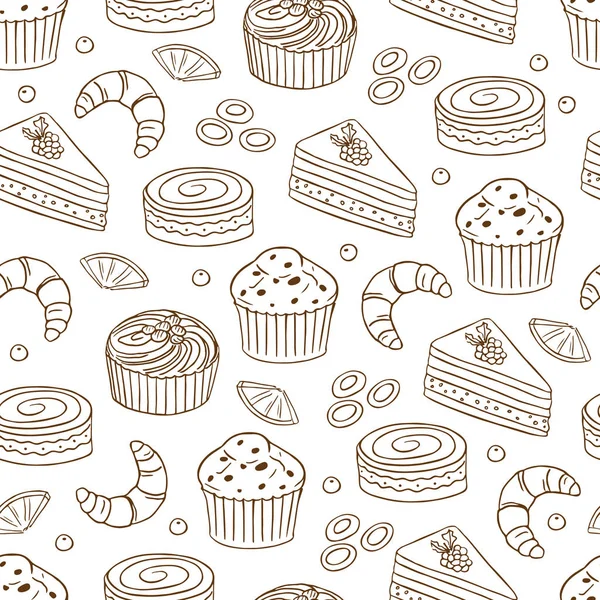 Handgezeichnete Vektor Nahtlose Muster Mit Verschiedenen Arten Von Kuchen — Stockvektor