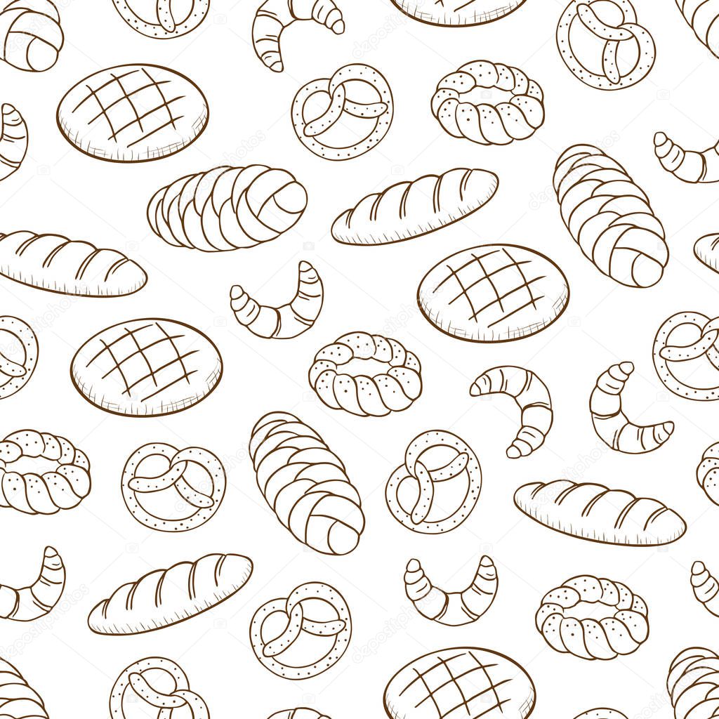 Hand drawn vector seamless pattern with different kind of bread 