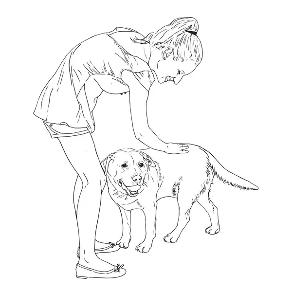 Vecteur Illustration Dessinée Main Femme Caressant Chien Jouit Aime Son — Image vectorielle