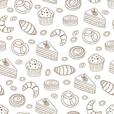 Elle çizilmiş vektör seamless modeli farklı tipteki ekmek ve kek