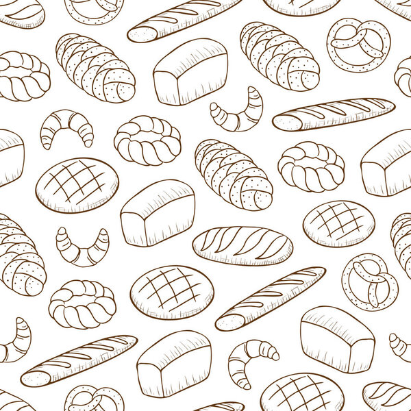Hand drawn vector seamless pattern with different kind of bread 