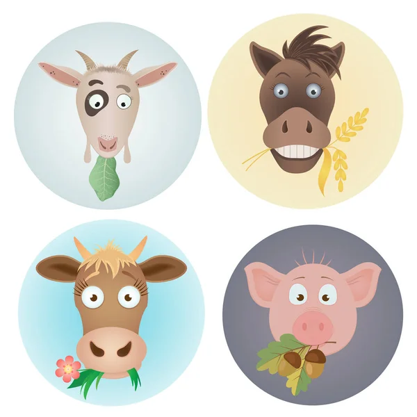 Векторные смешные иконки с домашними животными корка, коза, лошадь и свинья — стоковый вектор