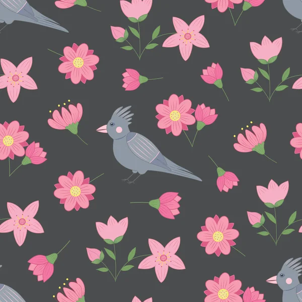Patrón inconsútil de primavera con flores y aves — Archivo Imágenes Vectoriales