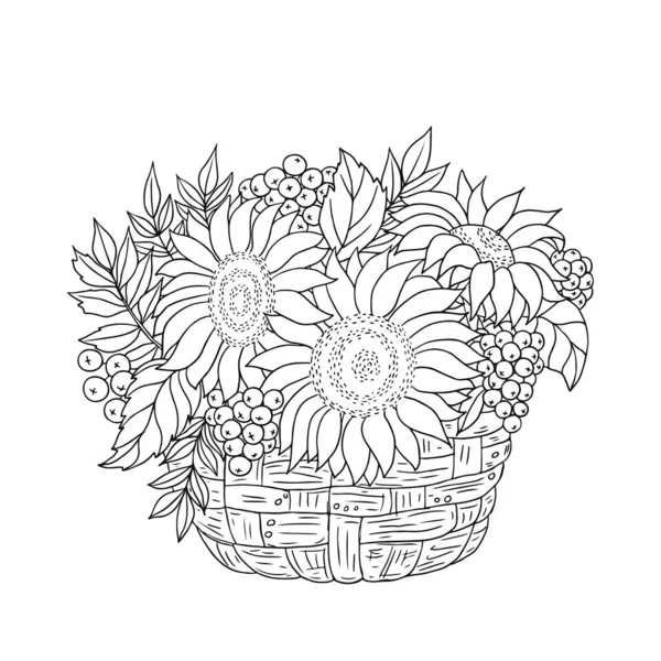 Composição Outono Vetor Mão Desenhada Ilustração Com Girassóis Rowanberries Folhas — Vetor de Stock