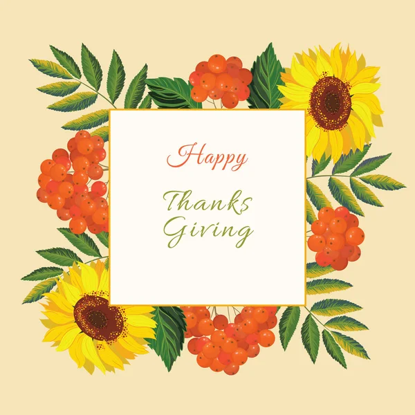 Holliday Card Template Vector Frame Autumn Sunflowers Leaves Red Rowanberries — Stock Vector