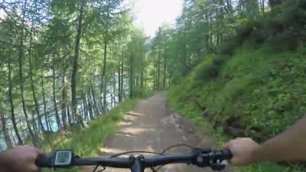 POV uomo in sella all'e-bike lungo il lago.Mtb ciclista d'azione alla scoperta del sentiero nei pressi di boschi di montagna.Bicicletta elettrica persone attive sport viaggi vacanza in Europa Italia Alpi all'aria aperta in estate. — Video Stock