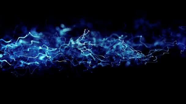 Cuerdas de luz de energía azul o fondo de ondas en negro. Utilizable como futuro flujo de información de datos modernos, presentación de tecnología, animación de biología orgánica. 3D renderizar vídeo 4k — Vídeos de Stock