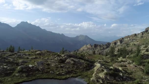 Geriye doğru açık mavi Gölü ve çam ormanları günbatımı yaz günü içinde hareket. Avrupa İtalya Alps Valle daosta açık yeşil doğa scape dağlar yabani hava establisher.4k drone uçuş atış kurulması — Stok video