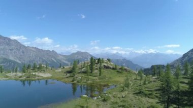 İlerlemeye açık mavi Gölü ve çam ormanları güneşli yaz günde. Avrupa İtalya Alps Valle daosta açık yeşil doğa scape dağlar yabani hava establisher.4k drone uçuş atış kurulması