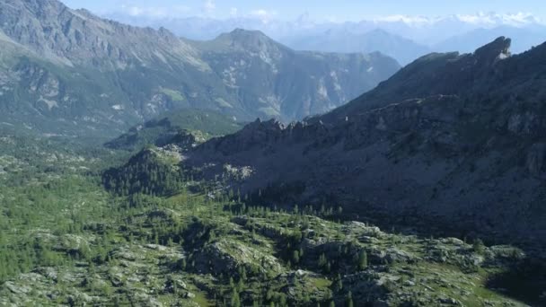 Moviéndose hacia atrás por encima del valle de bosques de pinos con matterhorn en soleado día de verano.Europa Italia Alpes Valle dAosta naturaleza verde al aire libre paisaje montañas salvaje aéreo establecimiento.4k vuelo establecer tiro — Vídeos de Stock