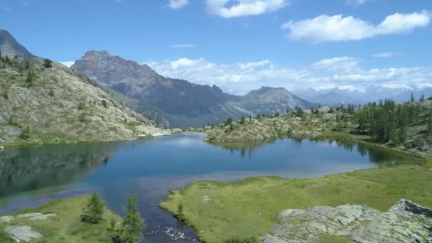 Движение вперед над чистым голубым озером и сосновым лесом в солнечный летний день. Европа Италия Альпы Валле dAosta открытый зеленый ландшафт горы дикой воздушной установки.4k беспилотник полет установки выстрел — стоковое видео