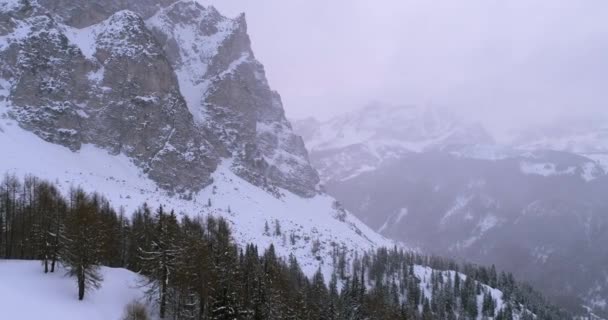 İleri hava bitti orman keşfetmek karlı dağ woods. Bulutlu kötü sisli hava bulutlu. Kış Dolomites İtalyan Alpleri dağlar açık doğa establisher.4k drone uçuş atış kurulması — Stok video