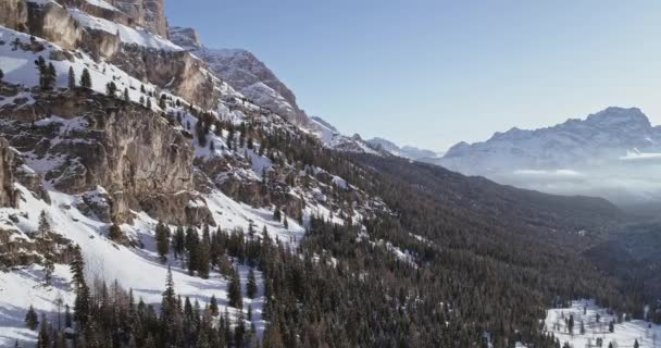 İleri hava falzarego pass, ormanda orman ile karlı vadi. Gökyüzü günbatımı veya gündoğumu, temizleyin. Kış Dolomites İtalyan Alpleri dağlar açık doğa establisher.4k drone uçuş — Stok video