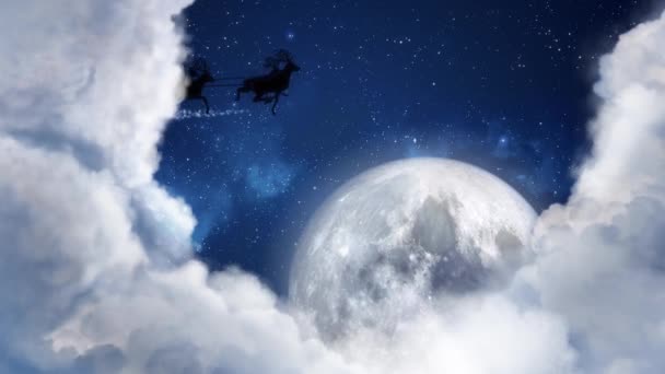 Santa Claus sobů eskamotérské silueta letící v moonlight, veselé vánoční poselství, text prostor pro typ loga nebo kopírovat. Štědrý den měsíc, noc a mraky. Animovaný současné pozdrav pohlednice 4k videa — Stock video