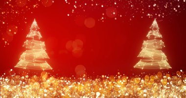 Altın ve gümüş ışıkları Noel ağacı kırmızı zemin üzerine, parlak dekorasyon için merry xmas tebrik mesajı ile. Zarif tatil sezonu sosyal dijital kartpostal. Kopya türü alanı metin veya logo için