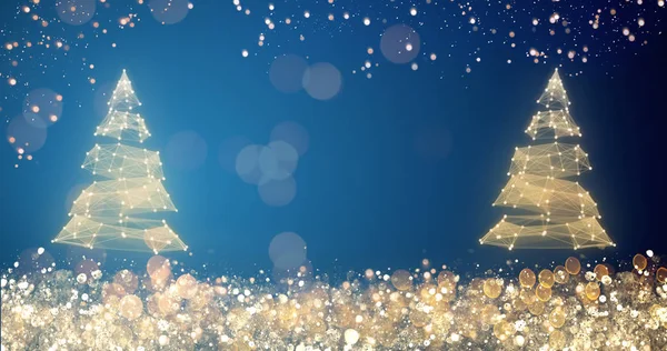 金黄和银色灯与圣诞树在蓝色背景, 明亮的装饰为快活的圣诞节问候消息。典雅假日季社会岗位数字卡。文本或徽标的复制类型空间 — 图库照片