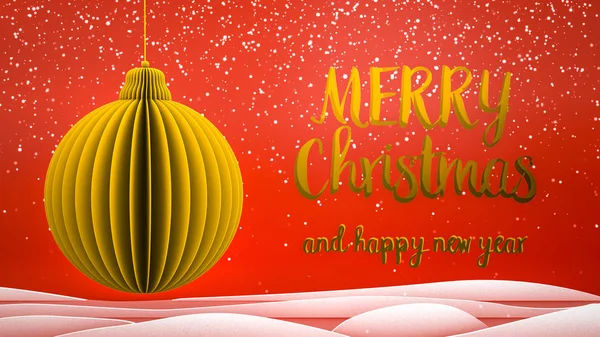 Red and gold xmas tree ball decoration Merry Christmas and Happy New Year greeting message in english on red background,snow flakes.Elegant  holiday season social post digital card — Stock Photo, Image