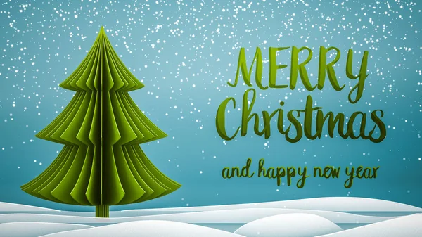 Green xmas tree Merry Christmas and Happy New Year greeting message in english on blue background,snow flakes.Elegant  holiday season social post digital card — Stock Photo, Image