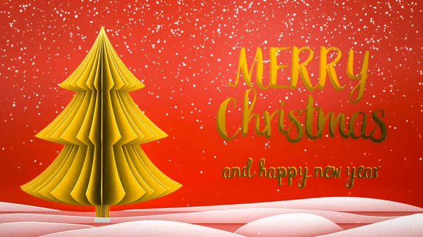 Gold xmas tree Merry Christmas and Happy New Year greeting message in english on red background,snow flakes.Elegant  holiday season social post digital card — Stock Photo, Image