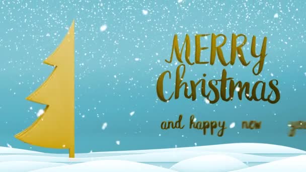 Gold xmas tree Wesołych Świąt i szczęśliwego nowego roku wiadomość powitalną w języku angielskim na niebieskim tle, płatki śniegu. Elegancki animowany wakacyjny sezon społecznej post karty cyfrowe 4k wideo — Wideo stockowe