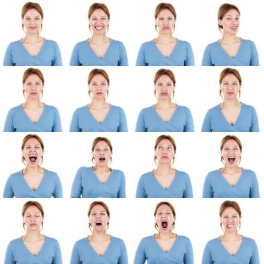 geçici ve kısa saç koleksiyonu kümesi yüz ifadesinin giyen güzel mavi gözleri yetişkin beyaz Kızıl saçlı kadın gibi mutlu, üzgün, kızgın, sürpriz, izole üzerinde beyaz esnemek genç