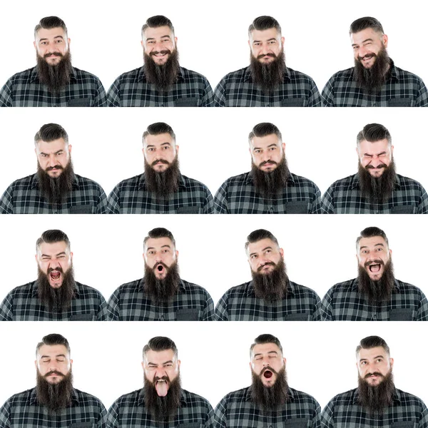 Rural áspero adulto caucásico barbudo hombre con camisa y larga barba colección conjunto de expresión de la cara como feliz, triste, enojado, sorpresa, bostezo aislado en blanco — Foto de Stock