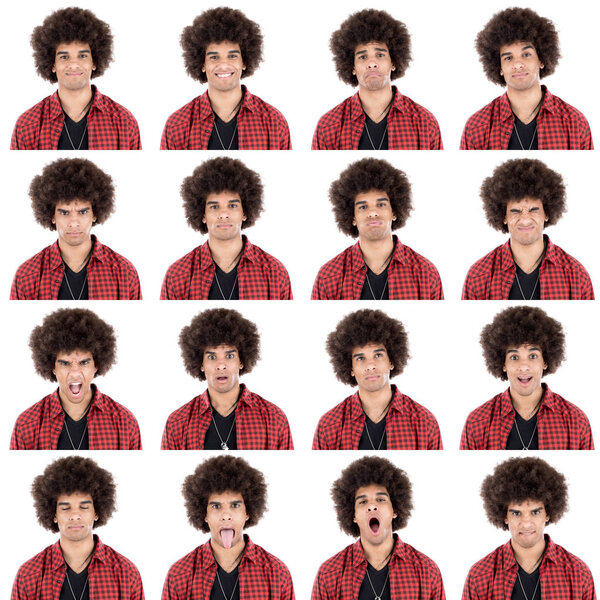 young curly hair adult afro american beautiful man wearing casual collection set of face expression like happy, sad, angry, surprise, yawn isolated on white