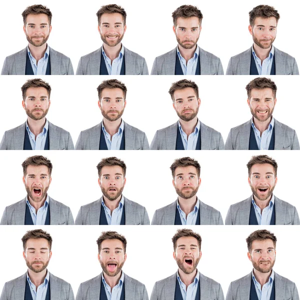 Short hair adult caucasian business man with short beard collection set of face expression like happy, sad, angry, surprise, yawn isolated on white — Stock Photo, Image