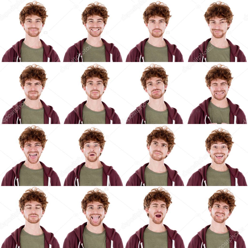 young curly hair adult caucasian redhead man wearing casual and short beard collection set of face expression like happy, sad, angry, surprise, yawn isolated on white