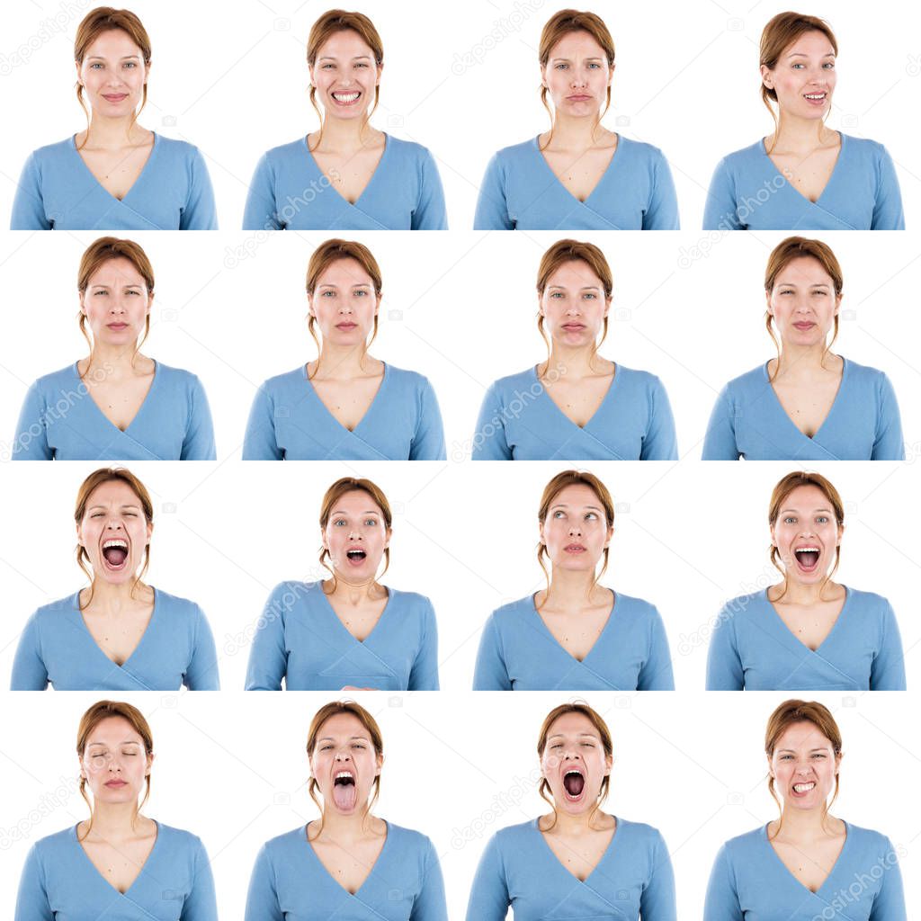 young beautiful blue eyes adult caucasian redhead woman wearing casual and short hair collection set of face expression like happy, sad, angry, surprise, yawn isolated on white