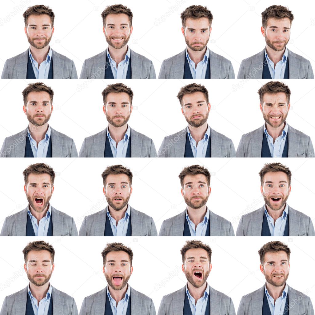 short hair adult caucasian business man with short beard collection set of face expression like happy, sad, angry, surprise, yawn isolated on white