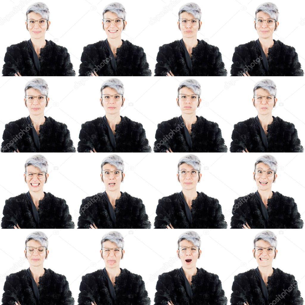young white hair adult caucasian woman with glasses wearing trendy fashion and piercing collection set of face expression like happy, sad, angry, surprise, yawn isolated on white
