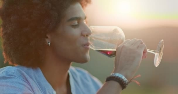 Mann trinkt Rotwein während eines romantischen Gourmet-Dinners im Freien bei Sonnenuntergang.Mittlerer Schuss. Freunde italienische Reise in Umbrien.4k Zeitlupe — Stockvideo