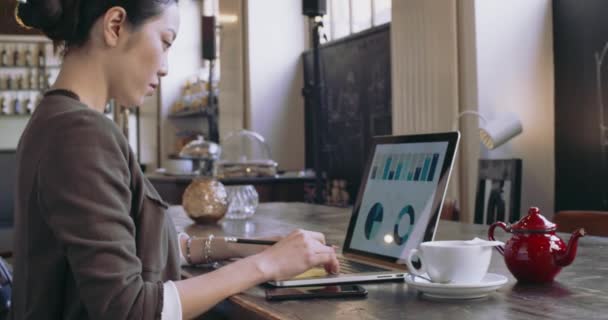 Жінка використовує ноутбук з чашкою чаю. Назад вигляд. Поширені одягнені азіатські китайські, кавказькі жінки працюють в бізнесі або навчаються в паб-кафе, ресторані лаунж або кафетерії. Сучасний, коворкінг, розмаїття, багатоетнічний — стокове відео
