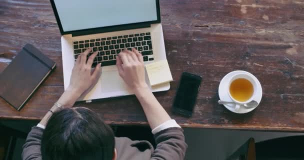 Woman drinking tea cup using laptop.Top view.Casual dressed asian chinese,businesswoman working business or studying at cafe,restaurant lounge or cafeteria.Modern,coworking,diversity,multiethnic — 비디오