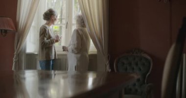 Çok nesilli kadınlar birlikte konuşuyor. Yaşlı büyükanne kadın penceresinin yakınında çay veya kahve içme ziyaret torunu ile gülümseyen. Evde beyaz saçlı yaşlı büyükanne.4k yavaş hareket