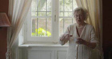 Çok nesilli kadınlar birlikte konuşuyor. Yaşlı büyükanne kadın penceresinin yakınında çay veya kahve içme ziyaret torunu ile gülümseyen. Evde beyaz saçlı yaşlı büyükanne.4k yavaş hareket